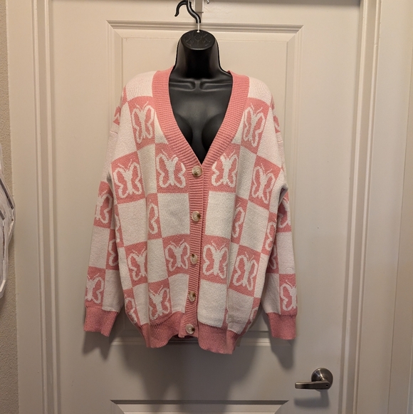 boutique Sweaters - Pink & White Checkered Butterfly Print Boutique Cardigan